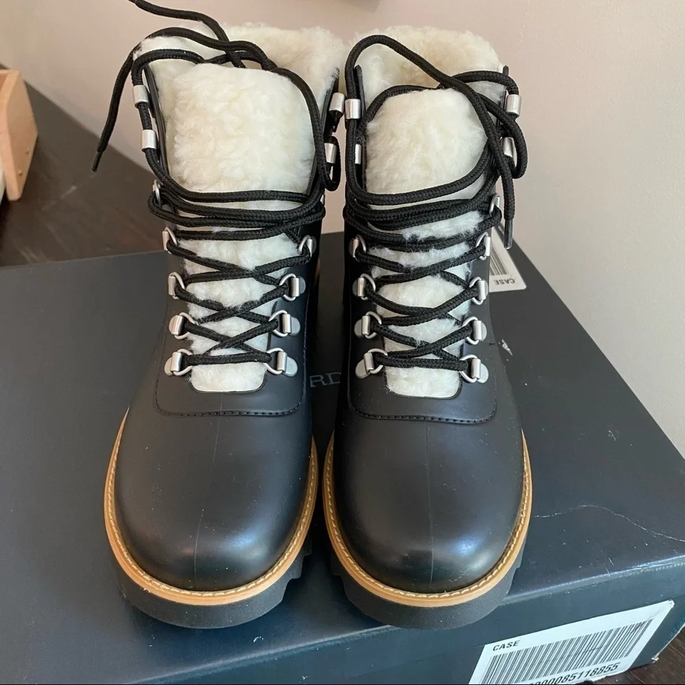 NWT Anthropologie Black Rubber Cream Sherpa Lace Up Snow Rain Boots Size 6